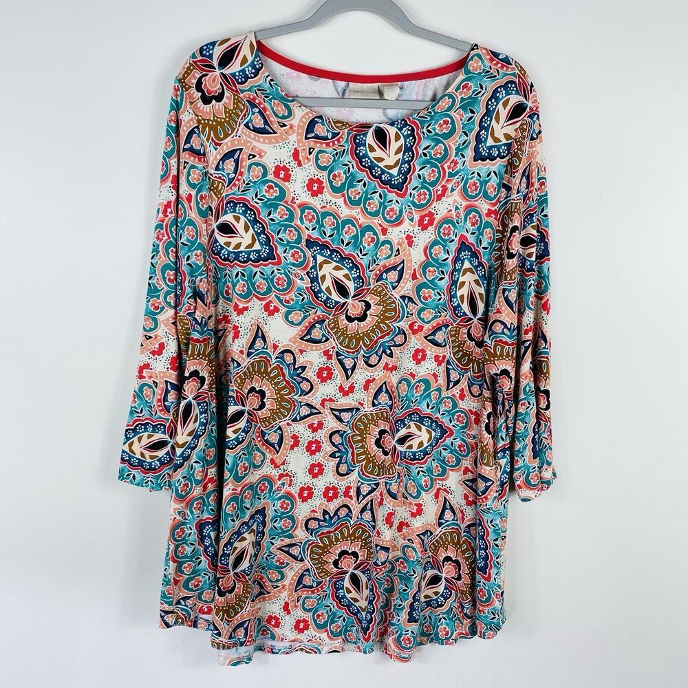 Chico's Tunic Top XL 3 16 Bombay Medallion 3/4 Sleeve Scoop Neck Stretch